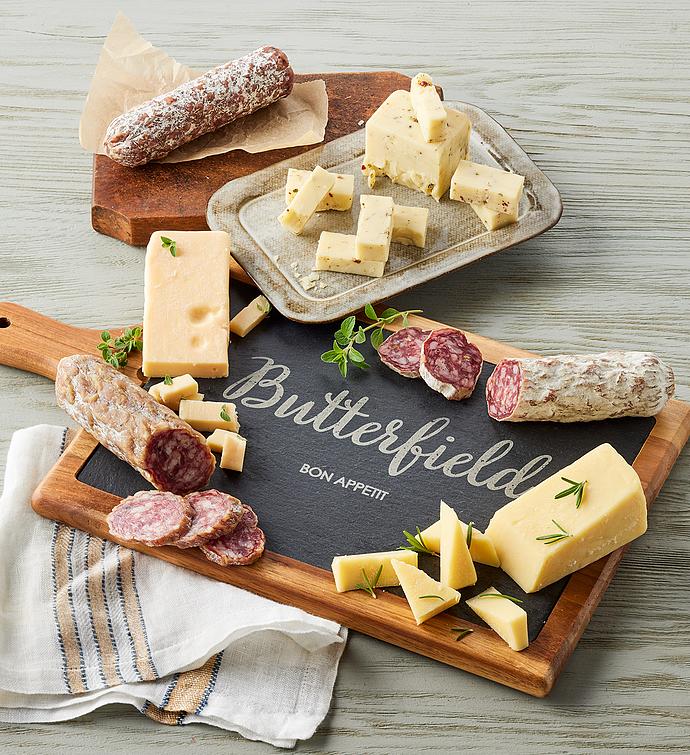 Charcuterie and Cheese Assortment with Personalized Slate and Wood Board